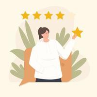 cliente mujer dando cinco estrellas calificación opinión del cliente retroalimentación ilustración vector