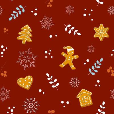 Gingerbread seamless pattern. Festive Christmas background with cookies, berries and snowflakes. Flat style. Vector illustration