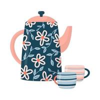 tetera de cerámica y un par de tazas o tazones aislados sobre fondo blanco. Vasos de cerámica o cristalería para la ceremonia del té. ilustración vectorial de dibujos animados plana. vector