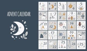Advent calendar. Christmas poster. Xmas numbers. Joy funny lettering geometric forms festive concept calendar numbers recent vector templates for celebration placards.