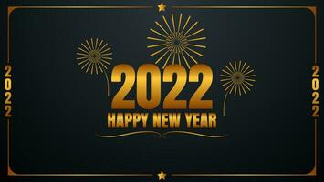Tarjeta de felicitación de feliz año nuevo 2022 en color dorado y negro.