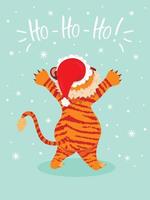 tarjeta de felicitación con la inscripción "be joy with a cute tiger", el símbolo del año nuevo chino. estilo plano. tigre con sombrero navideño guiña un ojo, envuelto en una guirnalda, vector