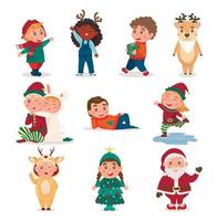 set of Christmas characters. Children in Christmas costumes. Winter vacation. Boy with a gift, Girl skating, Waving her hand, Hugging, Rejoicing, deer, boy in kigurumi. dynamic characters vector
