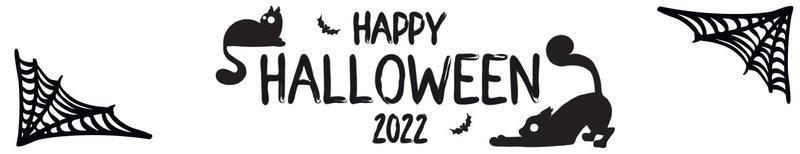 banner de texto en blanco y negro, tabla de clasificación, soporte de plomo para el sitio web. feliz halloween 2022 saludos con lindos gatos, murciélagos y telarañas. para decoración festiva, estampados, embalajes, postales vector