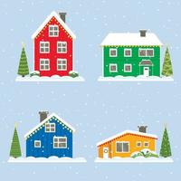 conjunto de casas de colores. rojo, naranja, verde, azul hogar de los habitantes de groenlandia, islandia, polo norte, holanda. techo y ventanas cubiertos de nieve, exterior de año nuevo. arbol de navidad en el patio vector