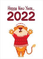 new year card of happy chinese new year of the tiger 2022. a tiger in a New Year's hat, raised its paws up, threw its head back and screams. flat cartoon style vector