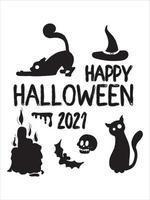 black white text rectangular card. Happy Halloween 2022 greetings with cute cats, pumpkins and cobwebs. For festive decoration, prints, packaging, postcards, design of various vector