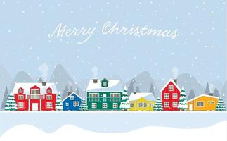 Snowy day in a cozy Christmas panorama of the village. Winter Christmas village landscape. Colorful houses Iceland, North Pole, Holland. Greeting card with the inscription merry christmas vector