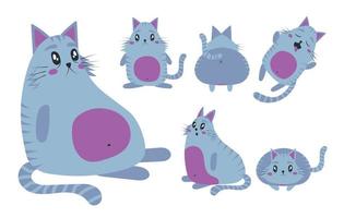 Conjunto de gatos y gatitos gordos azules lindos aislados en diferentes emociones y poses en estilo de dibujos animados vector