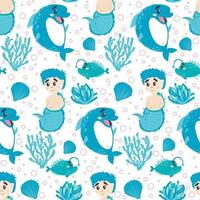 pattern cartoon cute dolphin mermaid boy vector