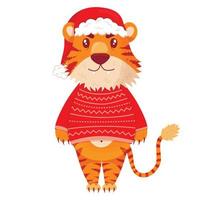 Cute cartoon striped red tiger. A tiger in a Christmas sweater and hat is standing. Printing of children's t-shirts, cards, posters. Hand drawn vector stock illustration isolated on white.