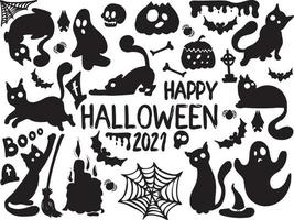 Set of black silhouettes of Halloween on a white background. Vector illustration with attributes of the holiday. For festive decoration, prints, packaging, postcards, design of various