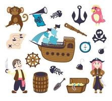 A set of pirate items, ship, jolly roger, skull with bones, fish skeleton, spyglass, compass, steering wheel, hook, bomb, smoking pipe, skull with algae, fanfare, bottle with a map. cartoon flat style vector