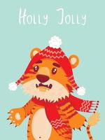 tarjeta de felicitación con la inscripción "be joy with a cute tiger", el símbolo del año nuevo chino. estilo plano. tigre con sombrero navideño guiña un ojo, envuelto en una guirnalda, vector