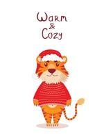 greeting card with the inscription Happy New Year 2022 with a cute chinese tiger, the symbol of the new year. flat style. tiger in a santa hat and a red sweater rejoices and smiles vector