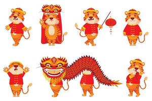 conjunto de tigres chinos rojos en trajes de año nuevo con linternas y dragones en estilo de dibujos animados. símbolo 2022