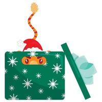 Cute cartoon striped red tiger. A tiger in a Christmas hat peeks out of a gift box. Printing of children's t-shirts, cards, posters. Hand drawn vector stock illustration isolated on white.