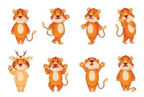 Collection of cartoon Chinese red striped tigers in different poses. Various emotions, symbol of 2022 vector