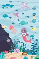 Seabed with fish, cave, sand, mermaid girl and boy. sunken ship, treasures, shells, corals, algae. underwater fairy landscape in cartoon flat style. vector