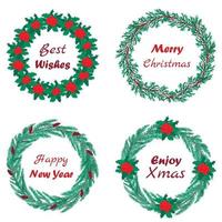 Christmas wreath with berries and cones, fir branches, holly, juniper and inscriptions. Round frame for winter design. vector