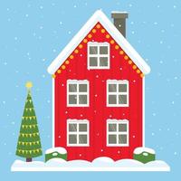 Casa roja de dos pisos. hogar de groenlandia, islandia, polo norte, holanda. techo y ventanas cubiertos de nieve, exterior de año nuevo. arbol de navidad en el patio vector