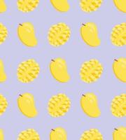 Vector tropical fruit background with mango. Summer bright exotic fruit seamless pattern in flat style