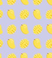 Vector tropical fruit background with mango. Summer bright exotic fruit seamless pattern in flat style