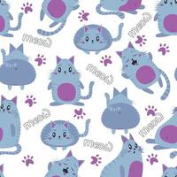 Seamless pattern with cute blue cats with cartoon style with the inscription meow and paws. The cat is sitting, lying, flying, asking, walking, sleeping. back view. baby prints vector