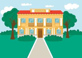 American or European school building with trees and shrubs. Urban landscape with a house facade with windows and doors. In flat cartoon vector style. Children education.