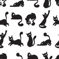 seamless pattern black and white silhouettes of funny cute cats in different poses with big eyes on a white background. decor from textiles for halloween. flat simple cartoon style. vector