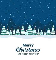 Greeting card with the inscription Merry Christmas and Happy New Year and a winter night landscape in the forest with mountains and snowy Christmas trees. vector