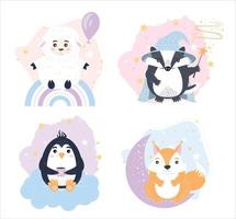 conjunto de cuatro animales lindos vectoriales para vivero. pingüino en una nube, ardilla en la luna, oveja en un arco iris, tejón mago en estilo plano de dibujos animados. colores pastel, decoración para la guardería. vector