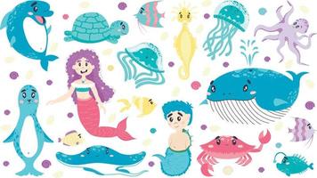 conjunto de criaturas marinas, sirena, tritón, ballena, delfín, medusa, pez, foca, caballito de mar, tortuga, pulpo, cangrejo, raya. estilo plano de dibujos animados, mundo submarino, sala de niños vector