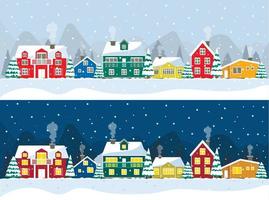 noche nevada en un acogedor panorama navideño del pueblo. paisaje de día y noche de pueblo de navidad de invierno. casas de colores islandia, polo norte, holanda vector