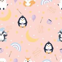 Seamless pattern vector cute animals for nursery. Penguin on a cloud, squirrel on the moon, sheep on a rainbow, wizard badger in cartoon flat style. pastel colors, decor for the nursery.