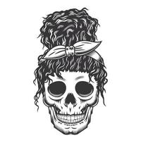 Woman skull face with Afro Messy Bun vintage hairstyles vector line art illustration.