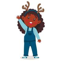 chica afroamericana con cuernos agitando su mano. personaje de navidad aislado sobre fondo blanco vector