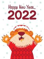 tarjeta de año nuevo de feliz año nuevo chino del tigre 2022. un tigre con sombrero de año nuevo, levantó las patas, echó la cabeza hacia atrás y gritó. estilo de dibujos animados plana
