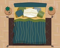 vista superior del dormitorio. parquet en espiga, interior amarillo-verde-azul. almohadas con motivos escandinavos. Mesitas de noche con flores en macetas. manta de colcha a rayas, alfombra oscura. moderno, escandinavo, boho vector