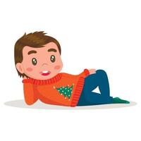 A cute cartoon boy in a sweater with a Christmas tree lies on his side with his head resting on his hand. christmas character. isolated on white background vector