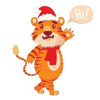 red tCute cartoon striped red tiger. Tiger in a Christmas hat waves his hand. Printing of children's t-shirts, cards, posters. Hand drawn vector stock illustration isolated on white.