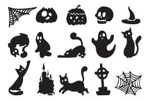 Set of black silhouettes of Halloween on a white background. Vector illustration with attributes of the holiday. For festive decoration, prints, packaging, postcards, design of various