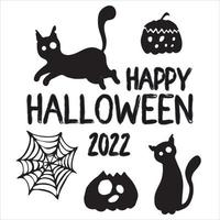 black white text rectangular card. Happy Halloween 2022 greetings with cute cats, pumpkins and cobwebs. For festive decoration, prints, packaging, postcards, design of various vector