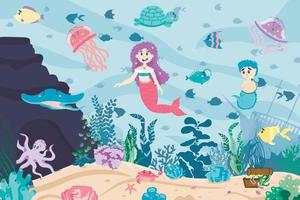 Seabed with fish, cave, sand, mermaid girl and boy. sunken ship, treasures, shells, corals, algae. underwater fairy landscape in cartoon flat style. vector