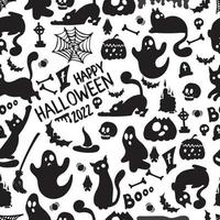 Seamless pattern of black and white silhouettes of ghosts, cats, halloween things. Stickers, printing on paper, holiday home decor vector