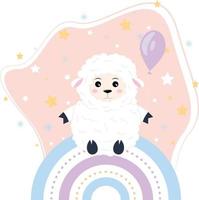 A cute lamb with a balloon sits on a rainbow. Decor for the nursery, postcard, clipart. Farm animal vector