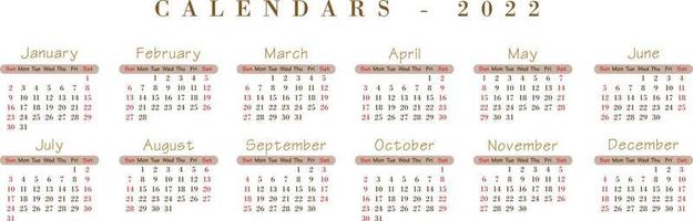 Simple editable vector calendars for year 2022. Isolated vector illustration on white background