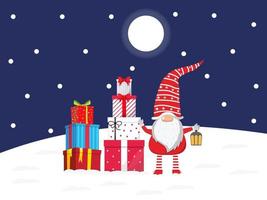 Cute beautiful Santa Claus character standing with gift boxes and lamp on snow fields on nigh background with trees vector