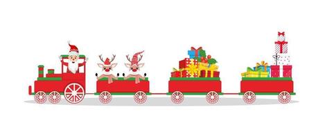 lindo y hermoso personaje de santa claus y reno con traje de navidad y en el tren de navidad con cajas de regalo vector