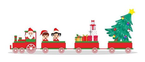 lindo y hermoso personaje de santa claus y niño personaje de niño y niña con traje de navidad y en tren de navidad con cajas de regalo vector